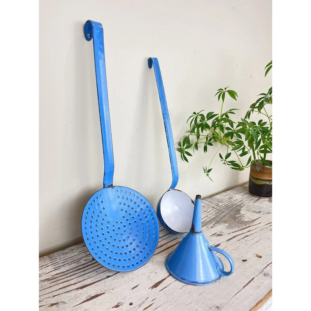 Antique Primitive Robins Egg Blue Enamelware Kitchen Utensils Trio Farmhouse Lot